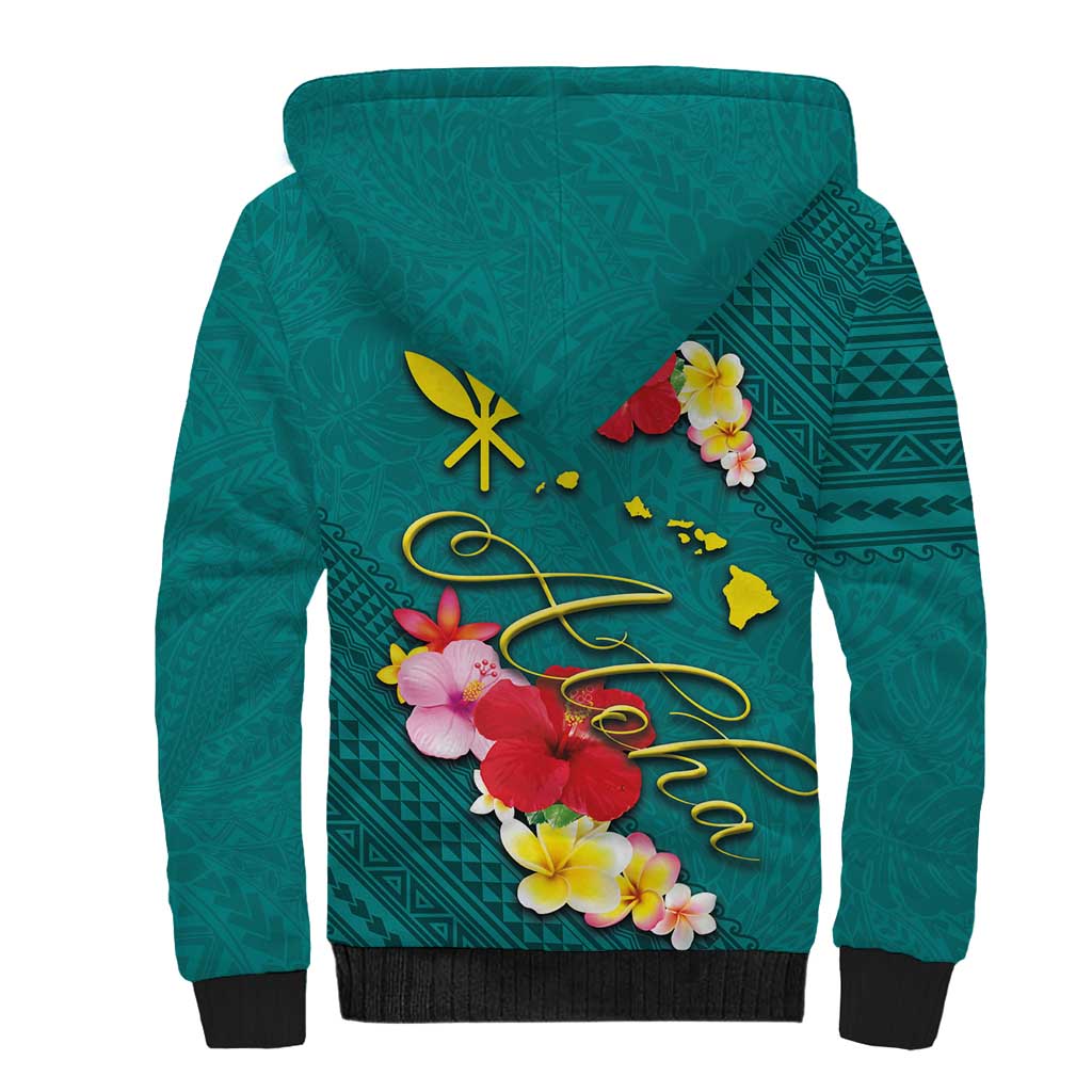 Aloha Kanaka Maoli Hawaii Flowers Sherpa Hoodie With Polynesian Pattern Teal Color LT03 - Polynesian Pride