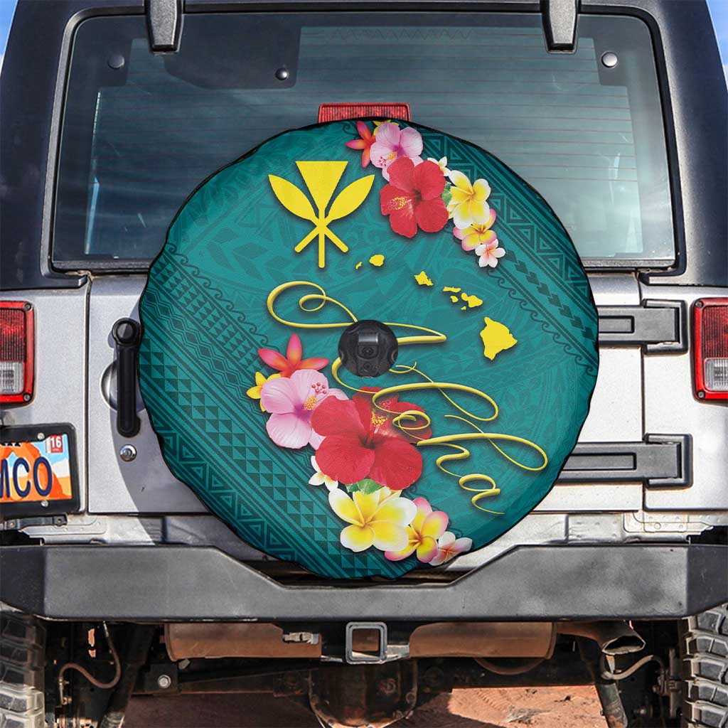 Aloha Kanaka Maoli Hawaii Flowers Spare Tire Cover With Polynesian Pattern Teal Color