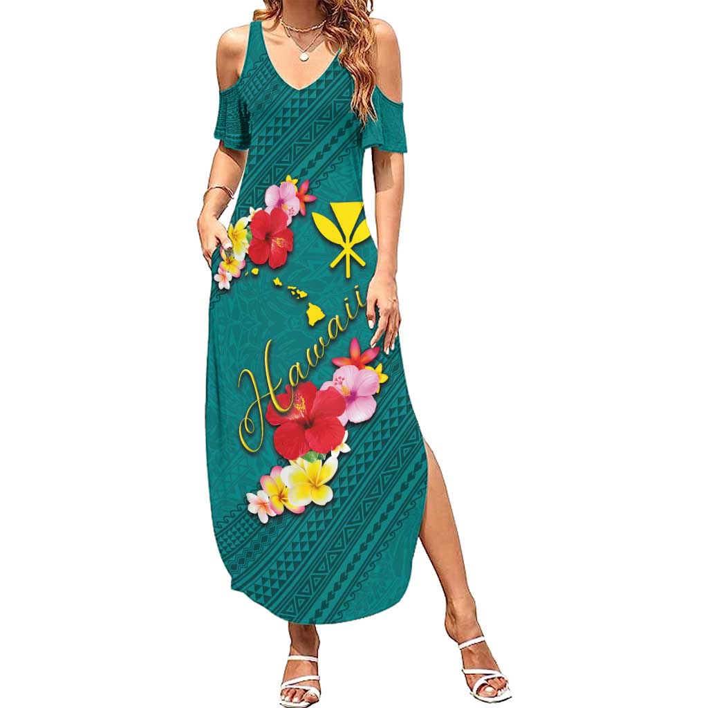 Aloha Kanaka Maoli Hawaii Flowers Summer Maxi Dress With Polynesian Pattern Teal Color LT03 Women Teal - Polynesian Pride