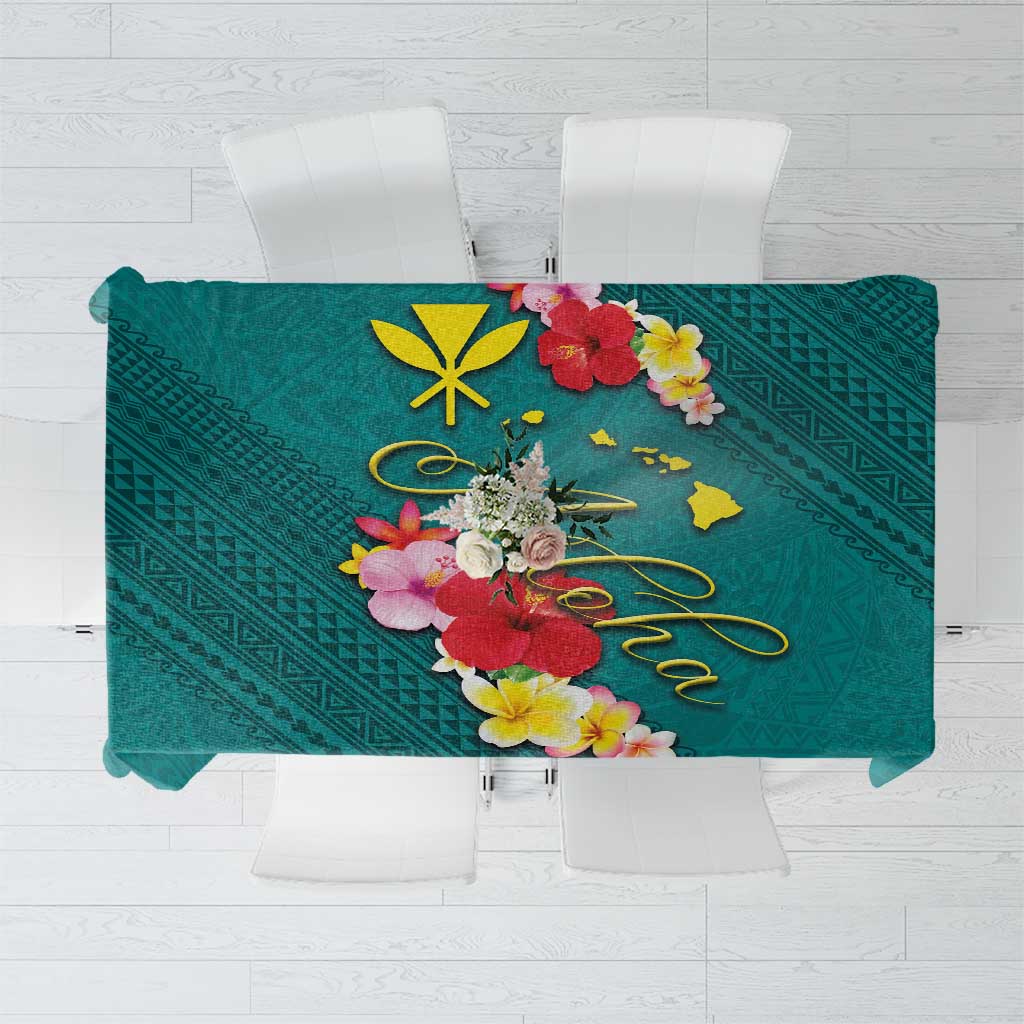 Aloha Kanaka Maoli Hawaii Flowers Tablecloth With Polynesian Pattern Teal Color