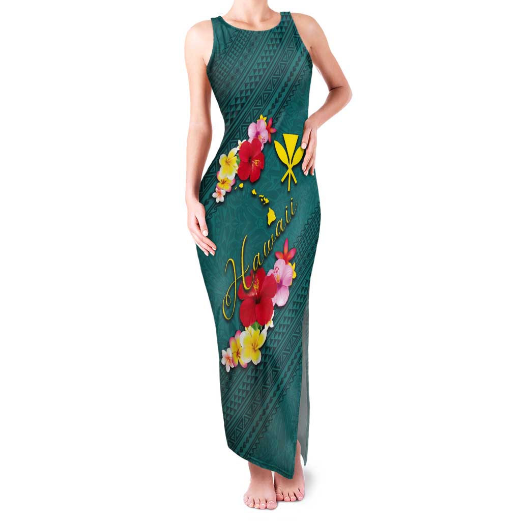 Aloha Kanaka Maoli Hawaii Flowers Tank Maxi Dress With Polynesian Pattern Teal Color LT03 Women Teal - Polynesian Pride
