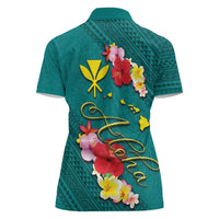 Aloha Kanaka Maoli Hawaii Flowers Women Polo Shirt With Polynesian Pattern Teal Color LT03 - Polynesian Pride