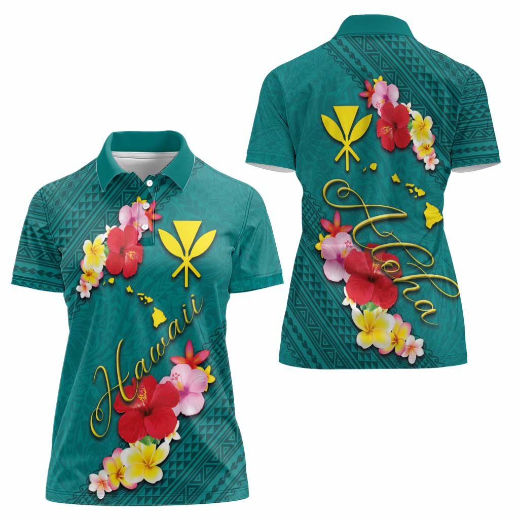 Aloha Kanaka Maoli Hawaii Flowers Women Polo Shirt With Polynesian Pattern Teal Color LT03 - Polynesian Pride