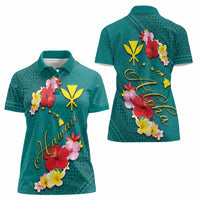 Aloha Kanaka Maoli Hawaii Flowers Women Polo Shirt With Polynesian Pattern Teal Color LT03 - Polynesian Pride
