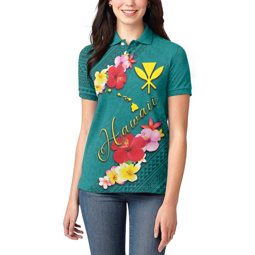 Aloha Kanaka Maoli Hawaii Flowers Women Polo Shirt With Polynesian Pattern Teal Color LT03 - Polynesian Pride