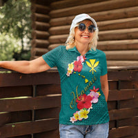 Aloha Kanaka Maoli Hawaii Flowers Women Polo Shirt With Polynesian Pattern Teal Color LT03 - Polynesian Pride
