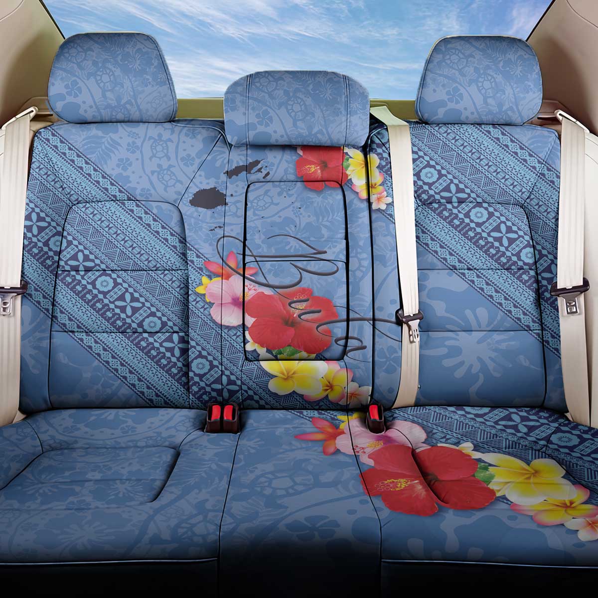 Bula Fiji Hibiscus and Plumeria Flowers Back Car Seat Cover Tapa Tattoo Polynesian Pattern