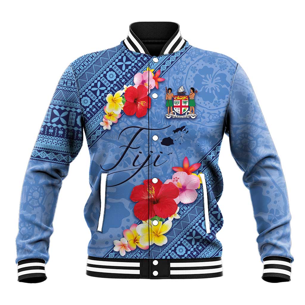 Bula Fiji Hibiscus and Plumeria Flowers Baseball Jacket Tapa Tattoo Polynesian Pattern LT03 Unisex Blue - Polynesian Pride