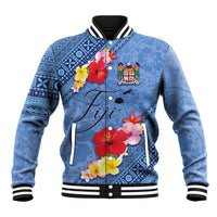 Bula Fiji Hibiscus and Plumeria Flowers Baseball Jacket Tapa Tattoo Polynesian Pattern LT03 Unisex Blue - Polynesian Pride
