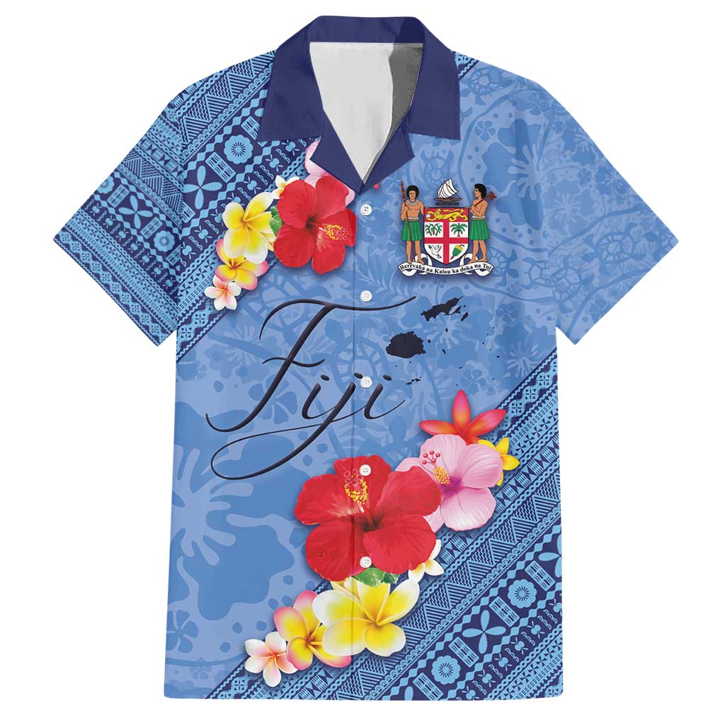 Bula Fiji Hibiscus and Plumeria Flowers Hawaiian Shirt Tapa Tattoo Polynesian Pattern LT03 Blue - Polynesian Pride