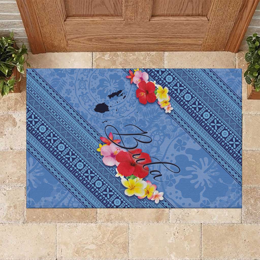 Bula Fiji Hibiscus and Plumeria Flowers Rubber Doormat Tapa Tattoo Polynesian Pattern LT03 Blue - Polynesian Pride