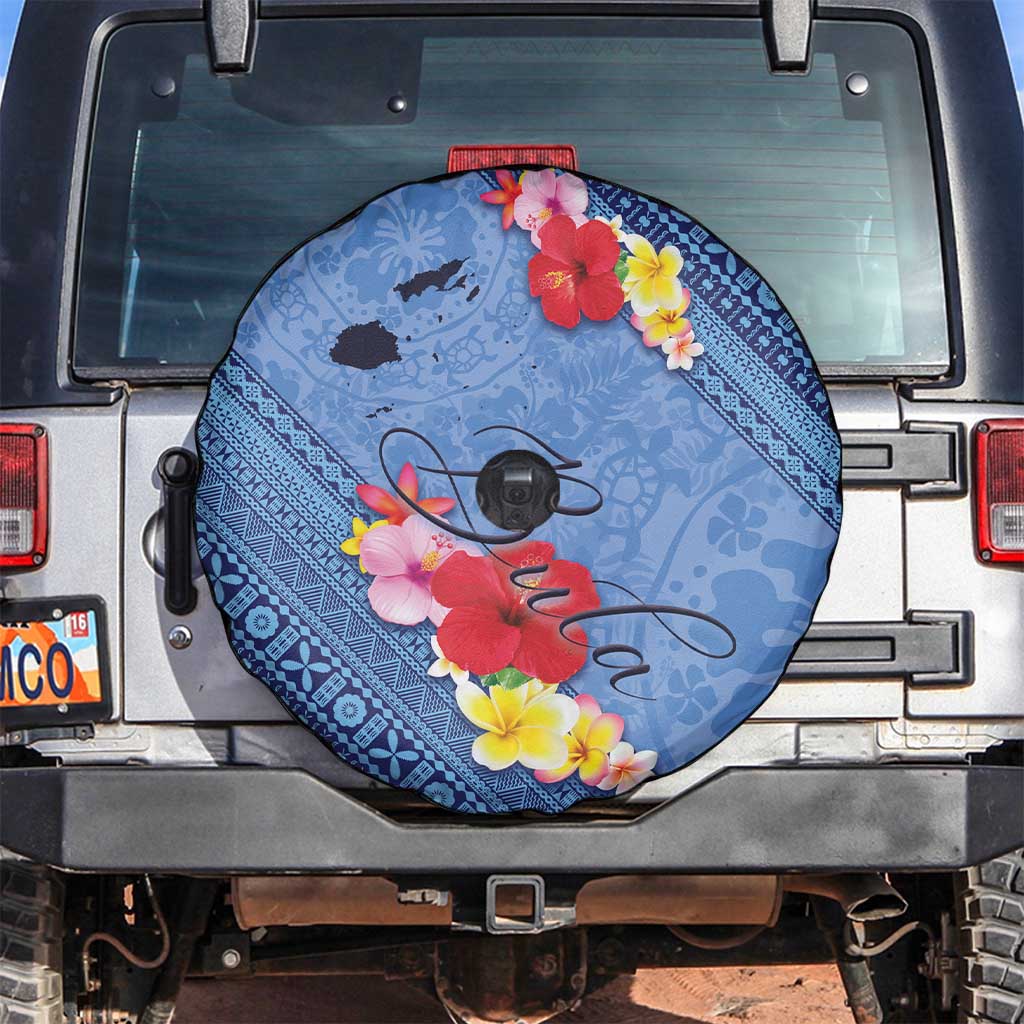 Bula Fiji Hibiscus and Plumeria Flowers Spare Tire Cover Tapa Tattoo Polynesian Pattern