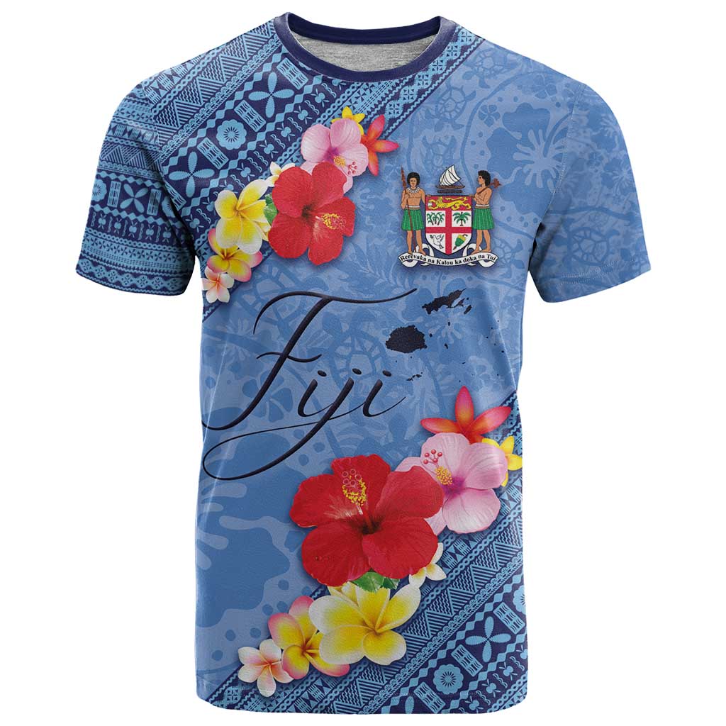 Bula Fiji Hibiscus and Plumeria Flowers T Shirt Tapa Tattoo Polynesian Pattern LT03 Blue - Polynesian Pride