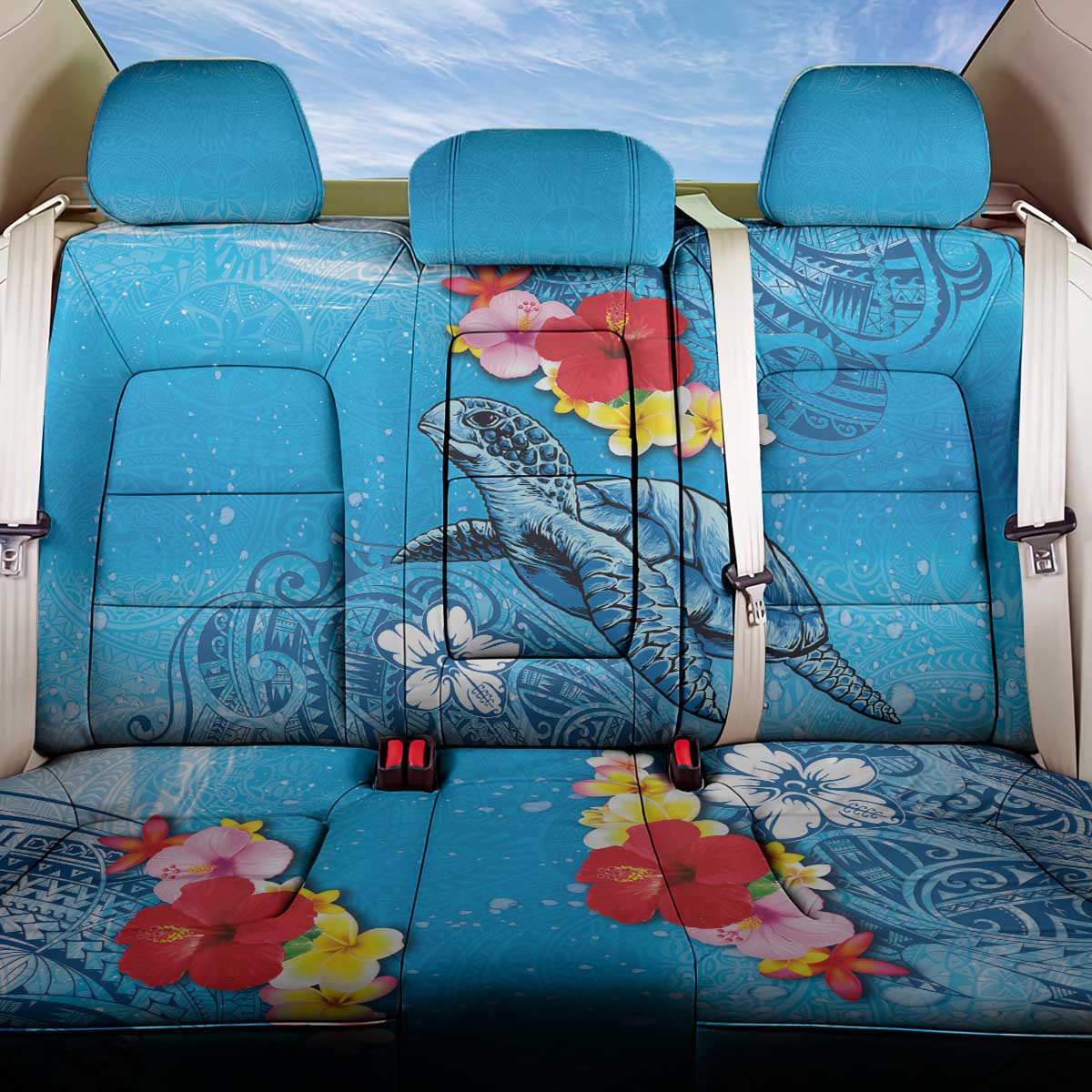 Hawaii Sea Turtle and Tropical Flowers Back Car Seat Cover Polynesian Tattoo Undersea Vibe LT03 One Size Blue - Polynesian Pride