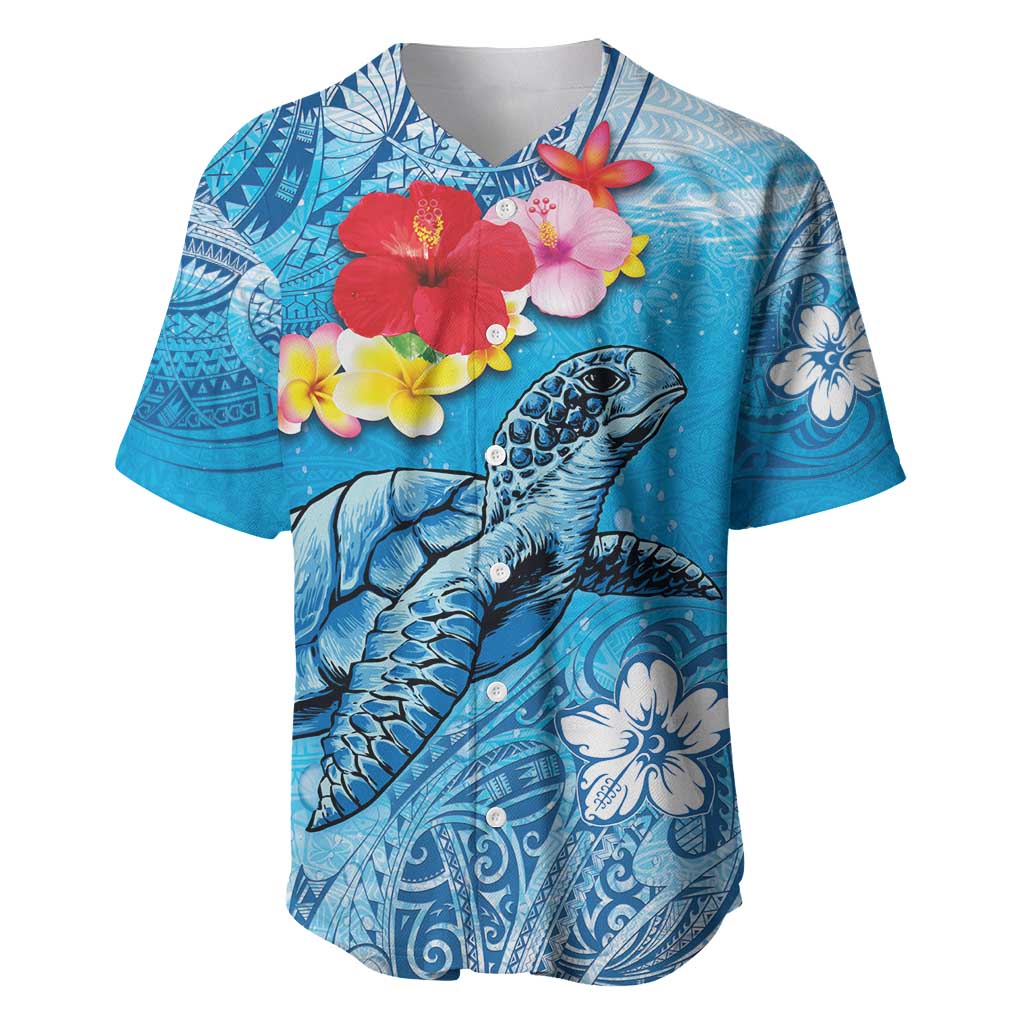 Hawaii Sea Turtle and Tropical Flowers Baseball Jersey Polynesian Tattoo Undersea Vibe LT03 Blue - Polynesian Pride