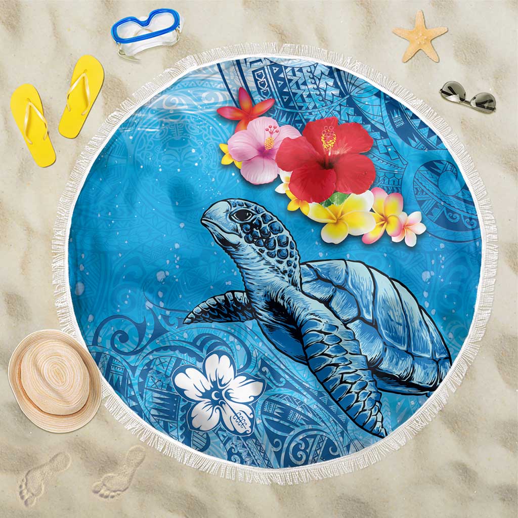 Hawaii Sea Turtle and Tropical Flowers Beach Blanket Polynesian Tattoo Undersea Vibe LT03 One Size 150cm Blue - Polynesian Pride
