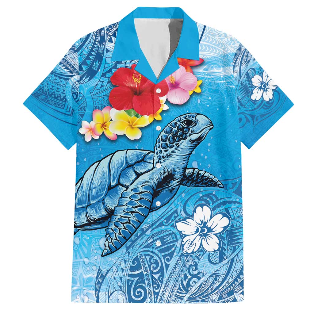 Hawaii Sea Turtle and Tropical Flowers Hawaiian Shirt Polynesian Tattoo Undersea Vibe LT03 Blue - Polynesian Pride