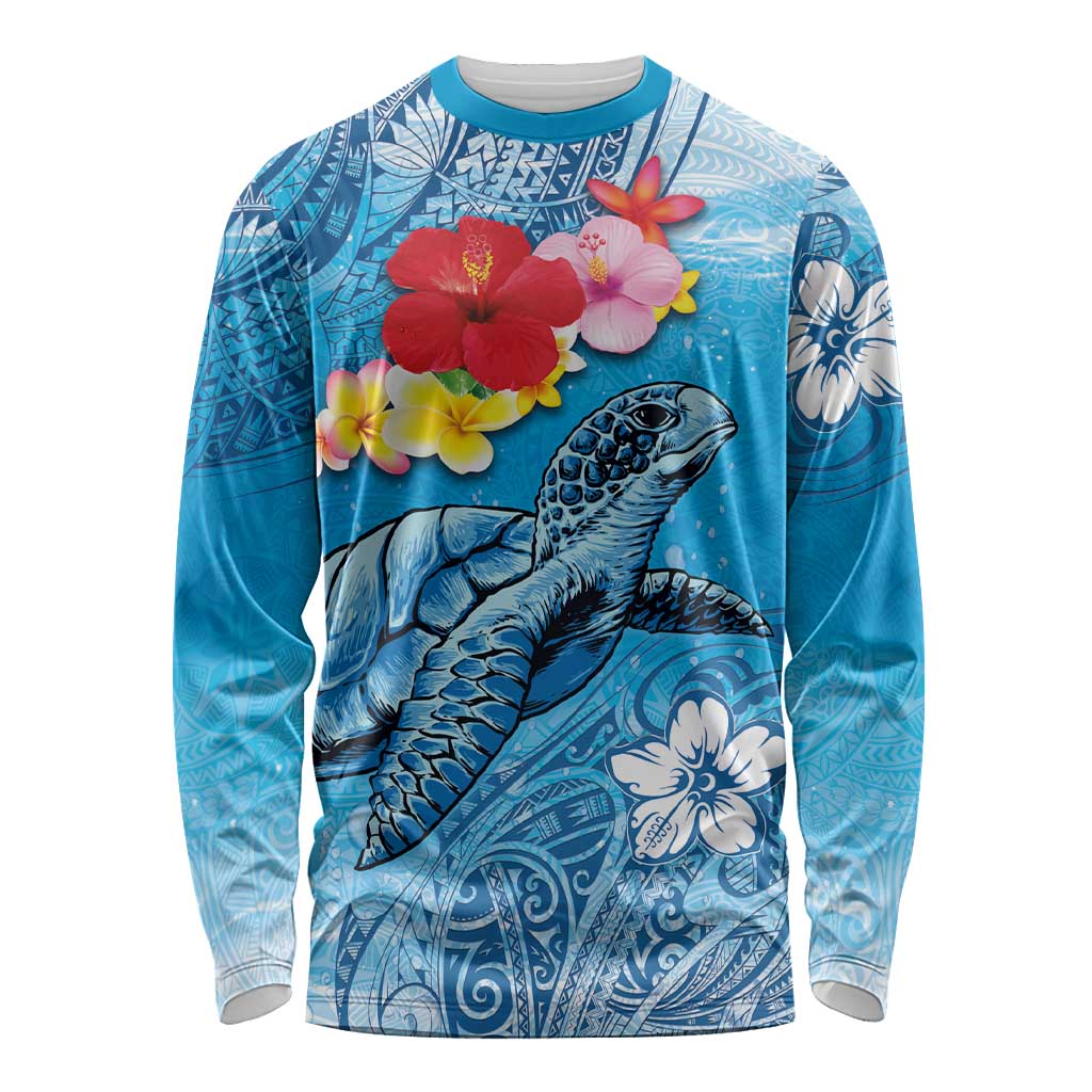 Hawaii Sea Turtle and Tropical Flowers Long Sleeve Shirt Polynesian Tattoo Undersea Vibe LT03 Unisex Blue - Polynesian Pride