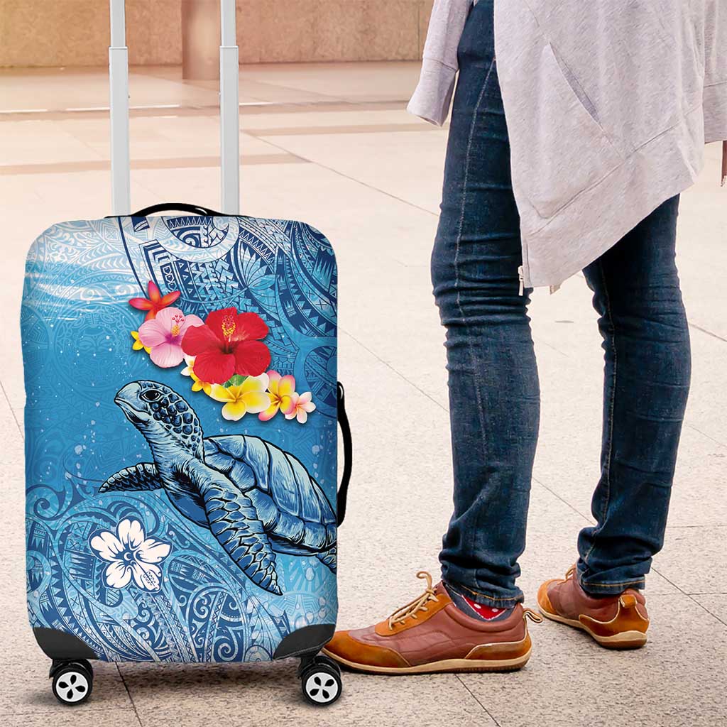 Hawaii Sea Turtle and Tropical Flowers Luggage Cover Polynesian Tattoo Undersea Vibe LT03 Blue - Polynesian Pride