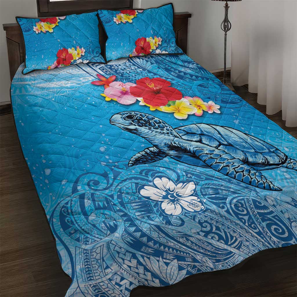 Hawaii Sea Turtle and Tropical Flowers Quilt Bed Set Polynesian Tattoo Undersea Vibe LT03 Blue - Polynesian Pride