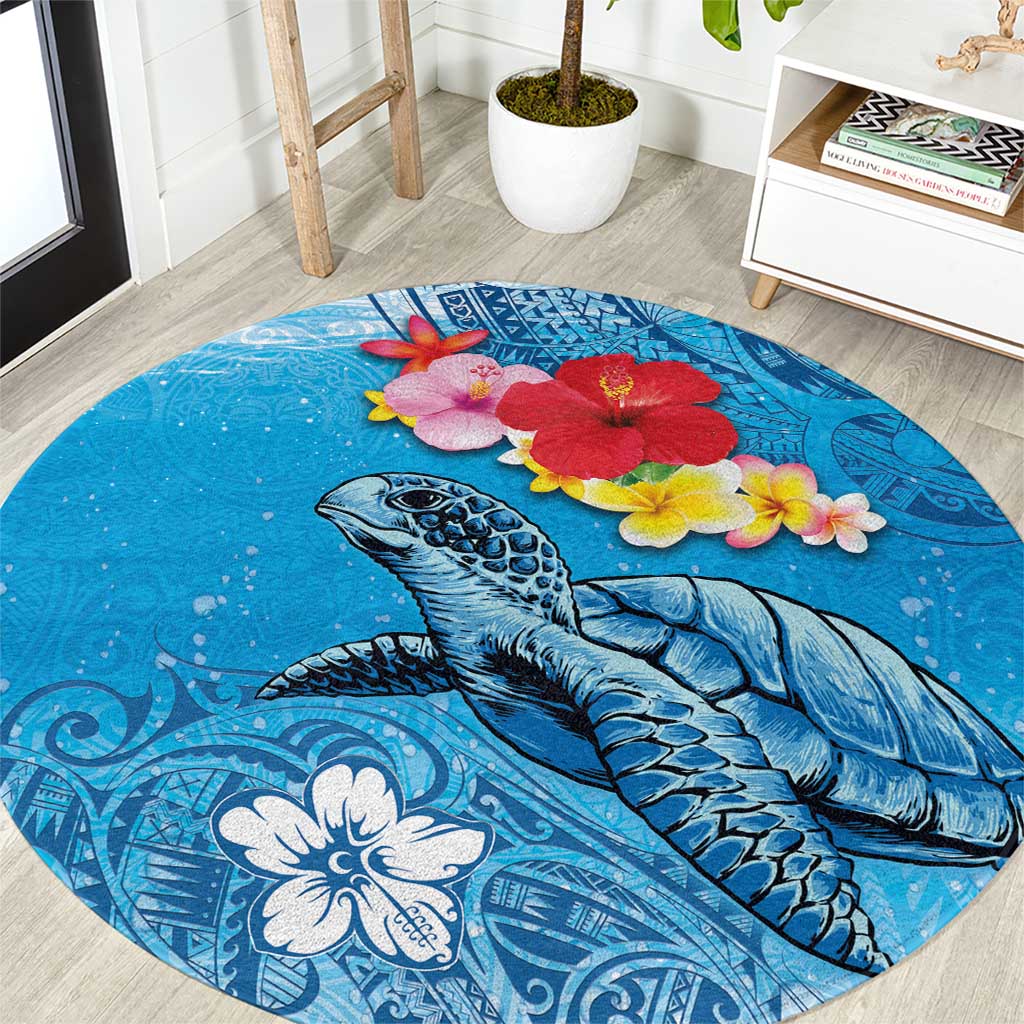 Hawaii Sea Turtle and Tropical Flowers Round Carpet Polynesian Tattoo Undersea Vibe LT03 Blue - Polynesian Pride