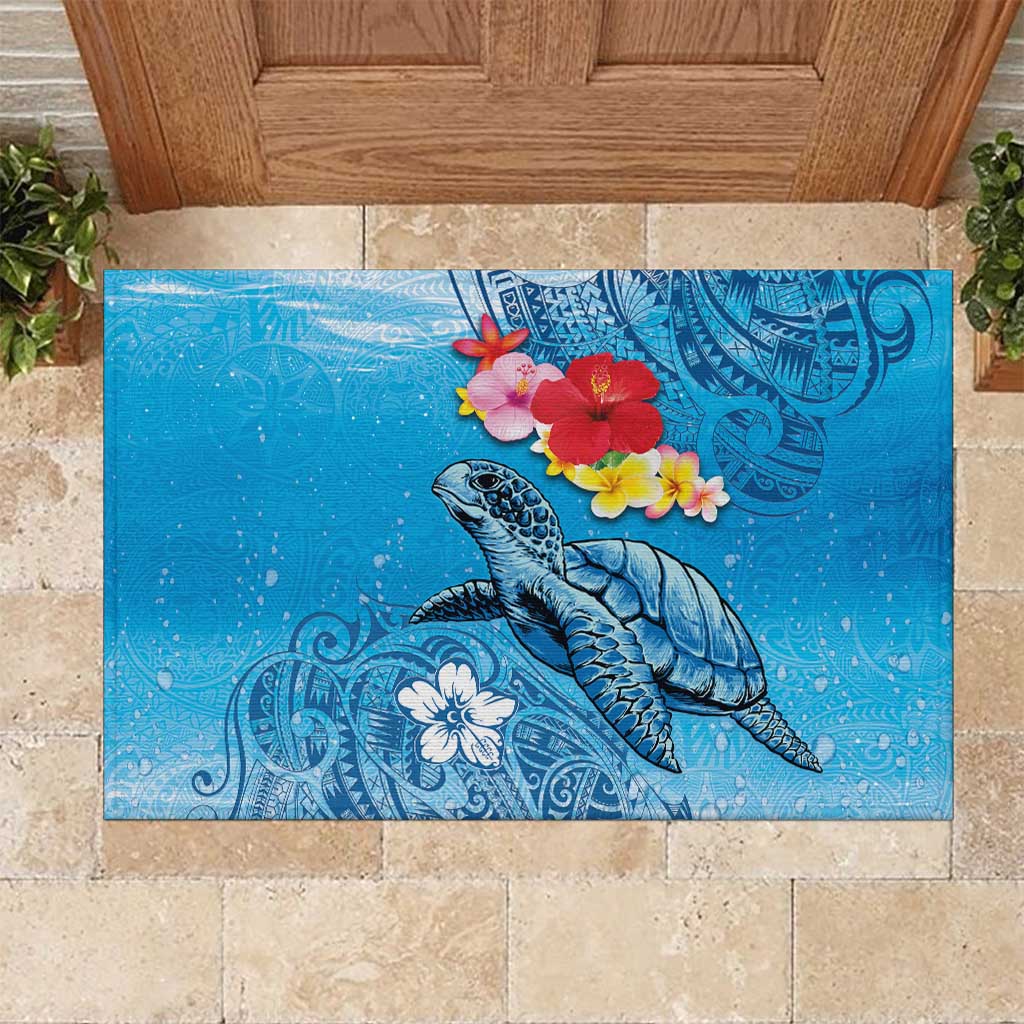 Hawaii Sea Turtle and Tropical Flowers Rubber Doormat Polynesian Tattoo Undersea Vibe LT03 Blue - Polynesian Pride