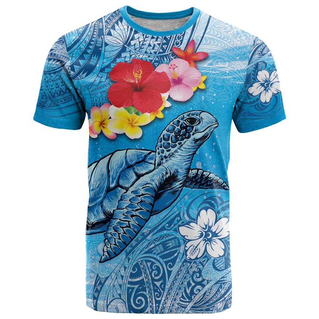 Hawaii Sea Turtle and Tropical Flowers T Shirt Polynesian Tattoo Undersea Vibe LT03 Blue - Polynesian Pride