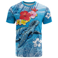 Hawaii Sea Turtle and Tropical Flowers T Shirt Polynesian Tattoo Undersea Vibe LT03 Blue - Polynesian Pride