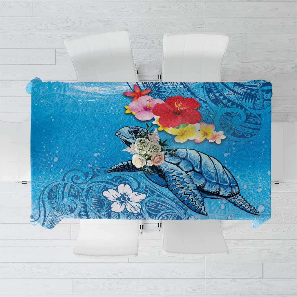 Hawaii Sea Turtle and Tropical Flowers Tablecloth Polynesian Tattoo Undersea Vibe