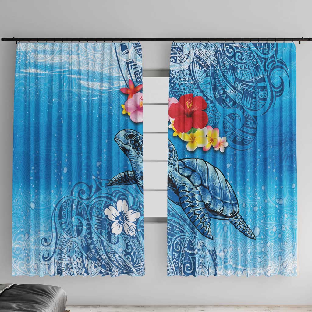 Hawaii Sea Turtle and Tropical Flowers Window Curtain Polynesian Tattoo Undersea Vibe LT03 With Hooks Blue - Polynesian Pride