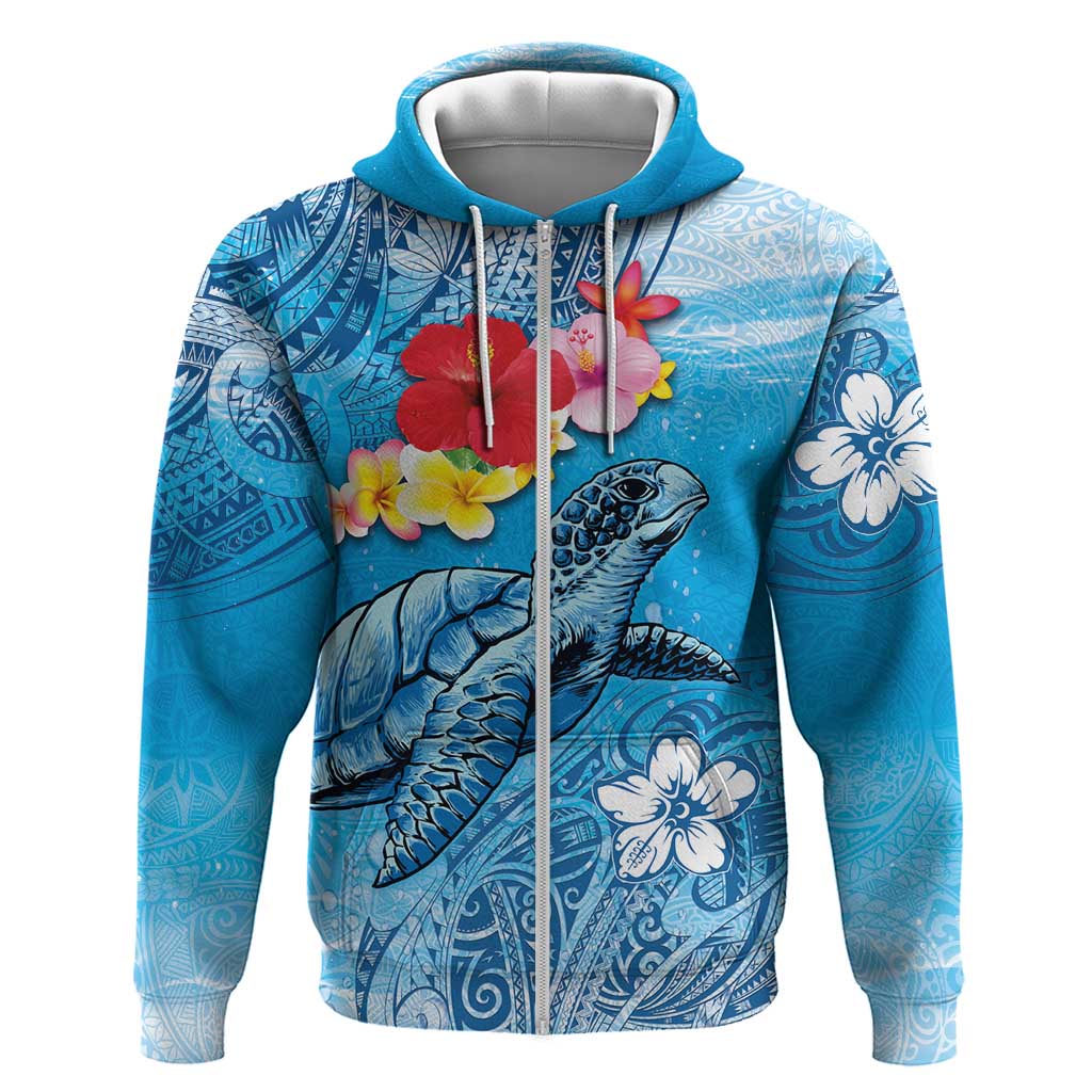 Hawaii Sea Turtle and Tropical Flowers Zip Hoodie Polynesian Tattoo Undersea Vibe LT03 Zip Hoodie Blue - Polynesian Pride