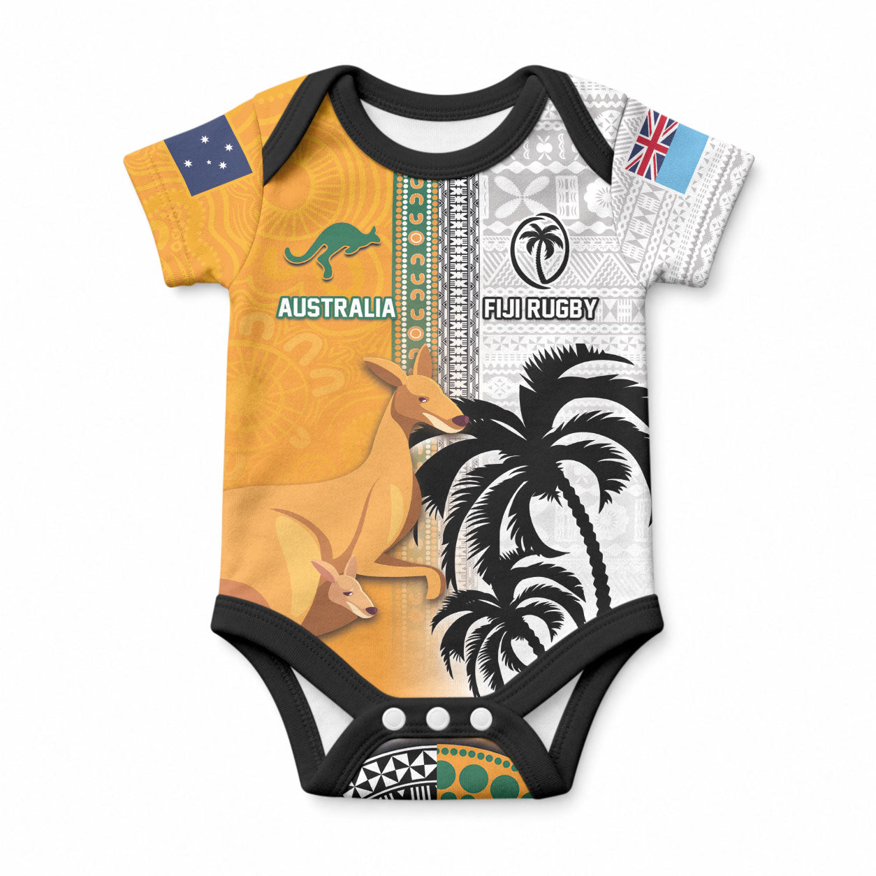 Custom Fiji and Australia Rugby Baby Onesie Aboriginal and Fijian Masi Pattern LT03 White - Polynesian Pride