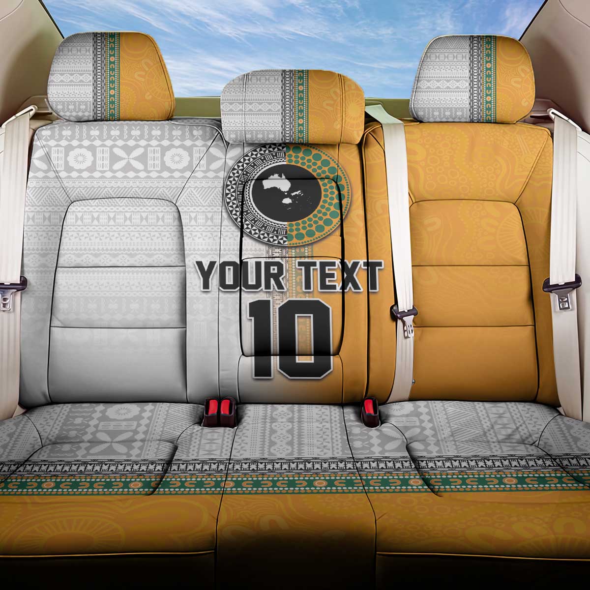 Custom Fiji and Australia Rugby Back Car Seat Cover Aboriginal and Fijian Masi Pattern LT03 One Size White - Polynesian Pride