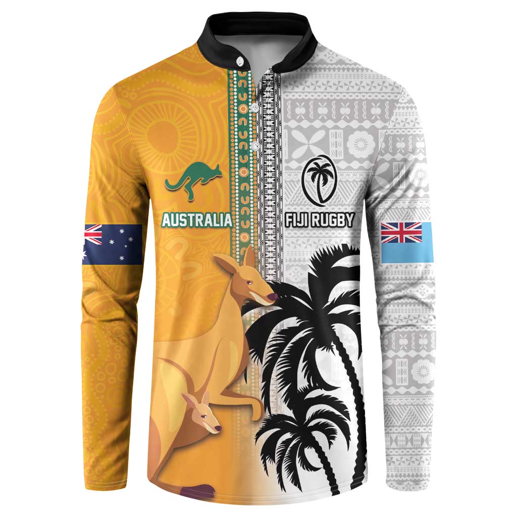 Custom Fiji and Australia Rugby Button Sweatshirt Aboriginal and Fijian Masi Pattern LT03 White - Polynesian Pride