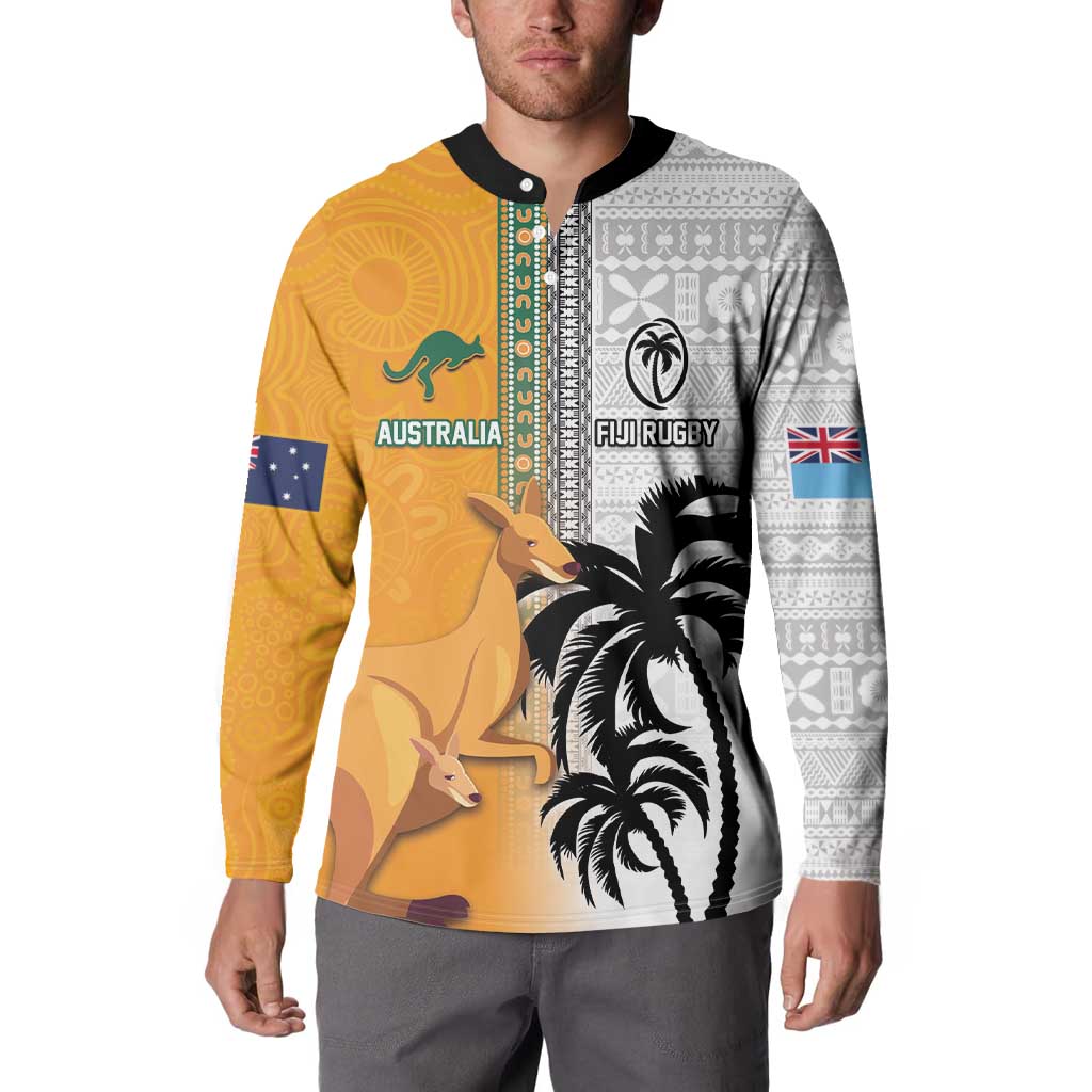 Custom Fiji and Australia Rugby Button Sweatshirt Aboriginal and Fijian Masi Pattern LT03 - Polynesian Pride