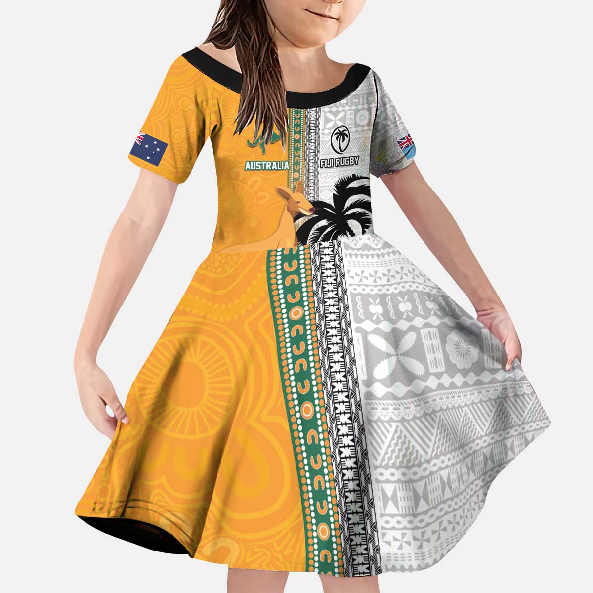 Custom Fiji and Australia Rugby Kid Short Sleeve Dress Aboriginal and Fijian Masi Pattern LT03 KID White - Polynesian Pride