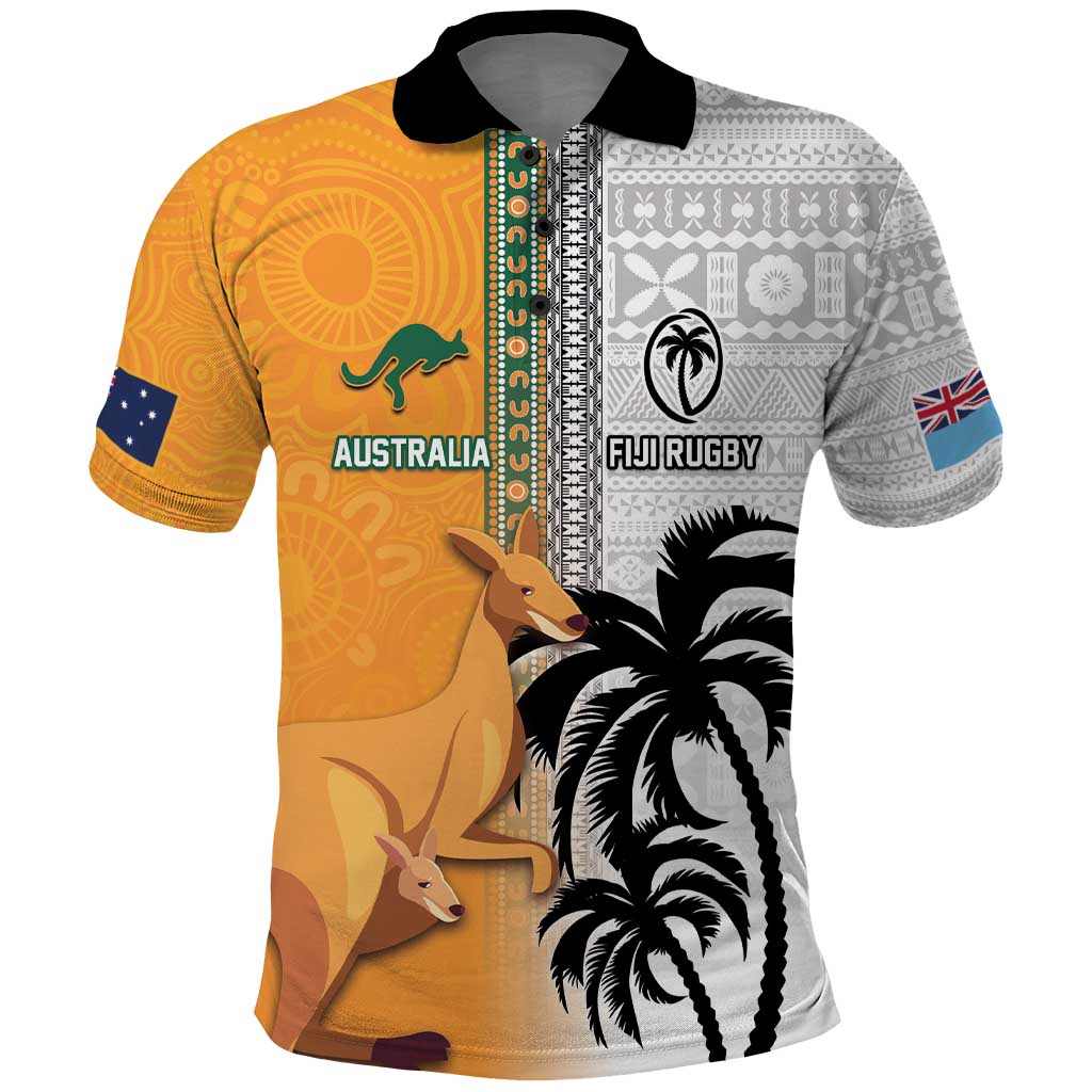 Custom Fiji and Australia Rugby Polo Shirt Aboriginal and Fijian Masi Pattern LT03 White - Polynesian Pride