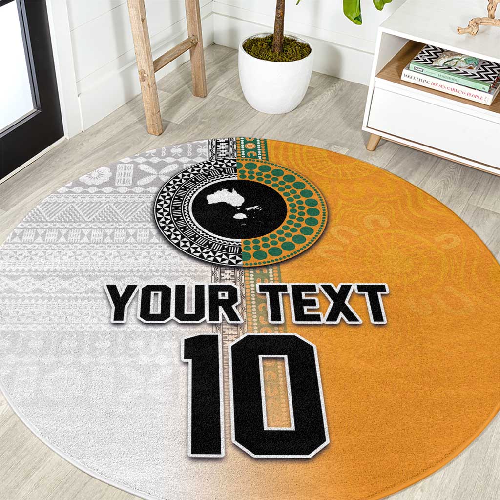 Custom Fiji and Australia Rugby Round Carpet Aboriginal and Fijian Masi Pattern LT03 White - Polynesian Pride