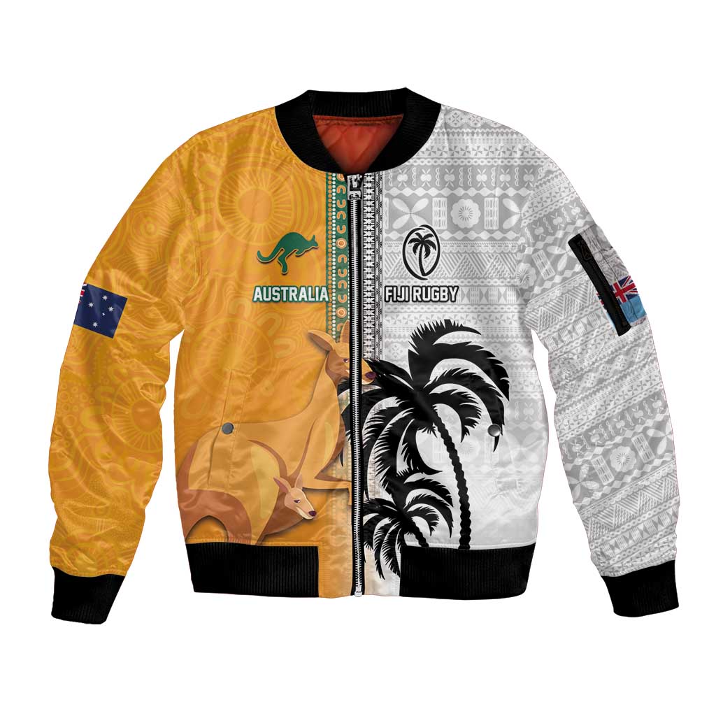 Custom Fiji and Australia Rugby Sleeve Zip Bomber Jacket Aboriginal and Fijian Masi Pattern LT03 Unisex White - Polynesian Pride