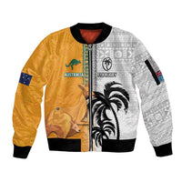 Custom Fiji and Australia Rugby Sleeve Zip Bomber Jacket Aboriginal and Fijian Masi Pattern LT03 Unisex White - Polynesian Pride