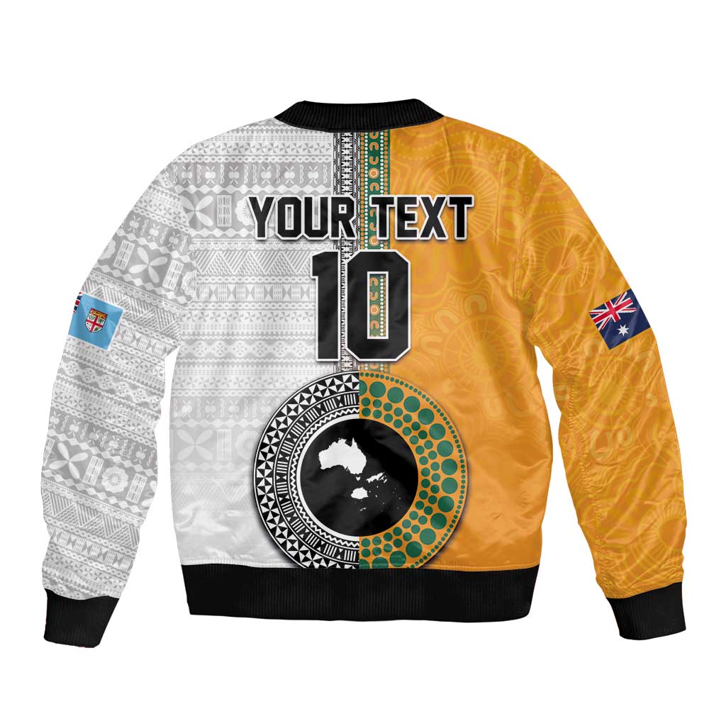 Custom Fiji and Australia Rugby Sleeve Zip Bomber Jacket Aboriginal and Fijian Masi Pattern LT03 - Polynesian Pride