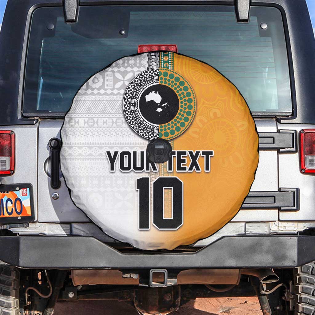 Custom Fiji and Australia Rugby Spare Tire Cover Aboriginal and Fijian Masi Pattern LT03 White - Polynesian Pride