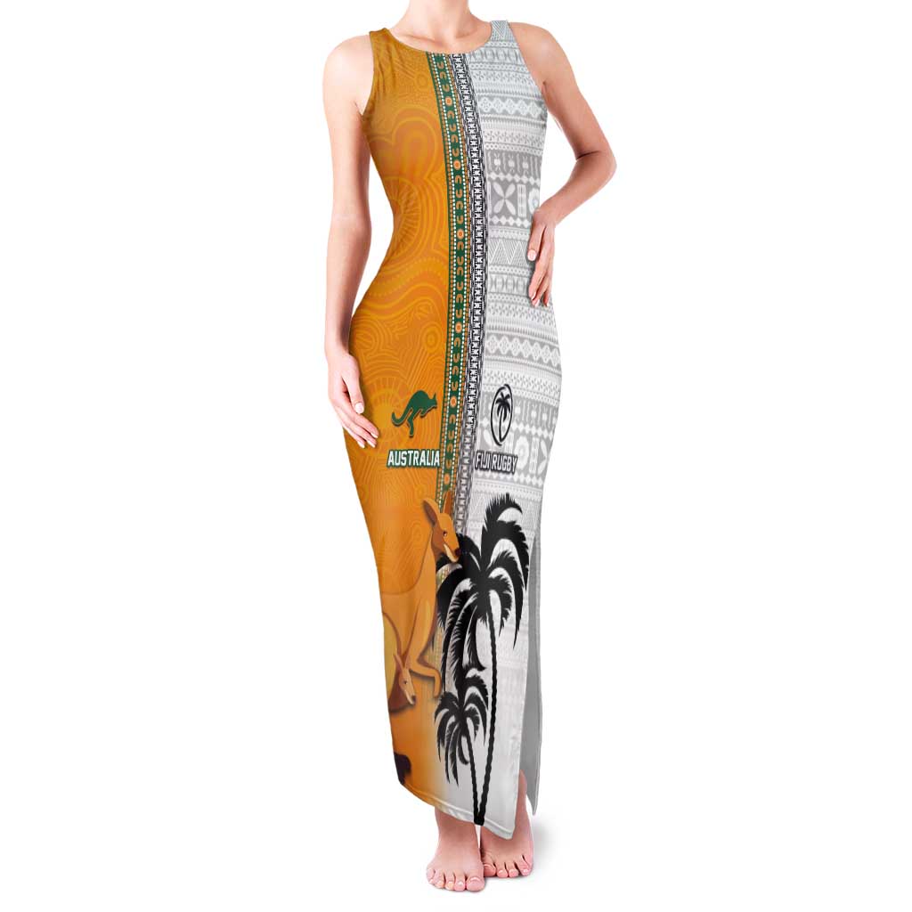 Custom Fiji and Australia Rugby Tank Maxi Dress Aboriginal and Fijian Masi Pattern LT03 Women White - Polynesian Pride