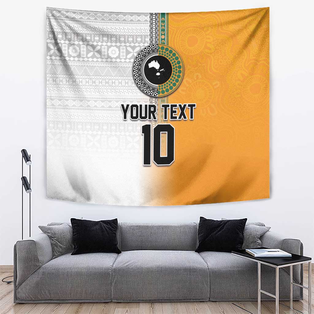 Custom Fiji and Australia Rugby Tapestry Aboriginal and Fijian Masi Pattern LT03 White - Polynesian Pride