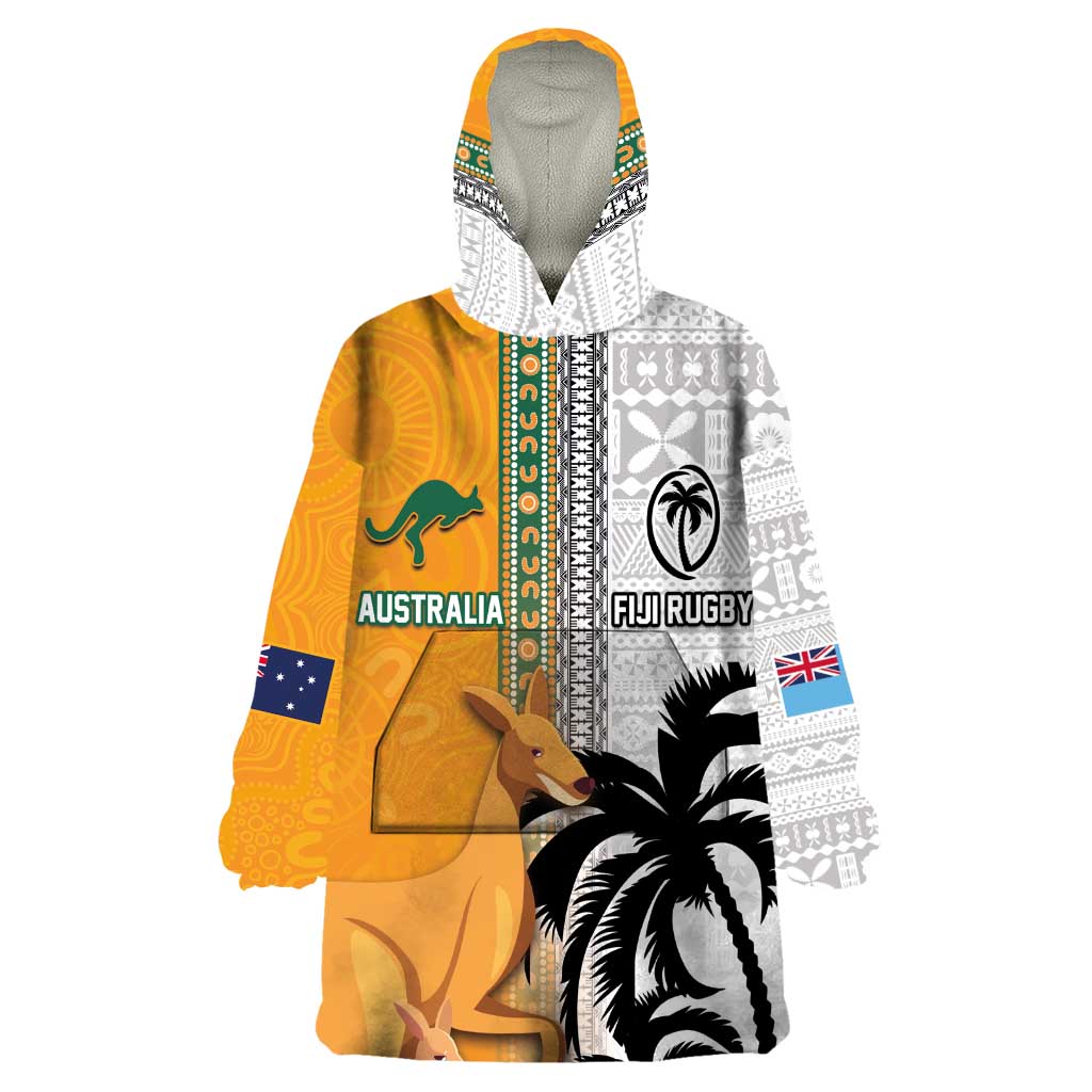 Custom Fiji and Australia Rugby Wearable Blanket Hoodie Aboriginal and Fijian Masi Pattern LT03 One Size White - Polynesian Pride