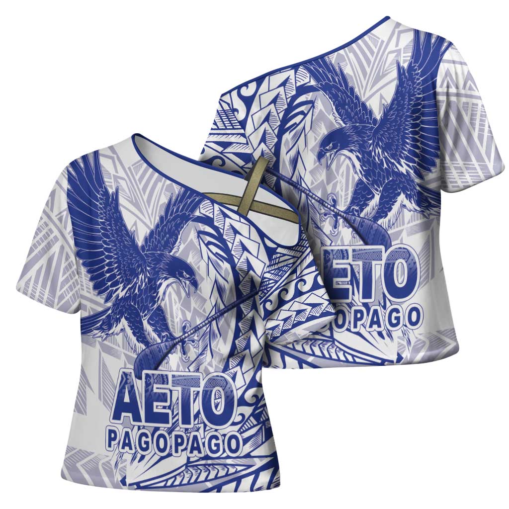 American Samoa Pago Pago Aeto Cross Shoulder Shirt Wingstyle Blue-White Color LT03 - Polynesian Pride