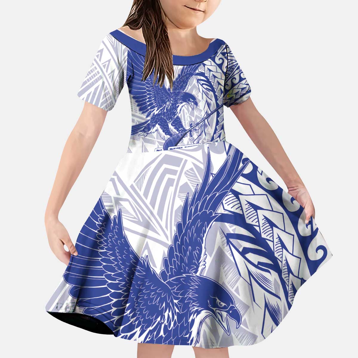 American Samoa Pago Pago Aeto Kid Short Sleeve Dress Wingstyle Blue-White Color LT03 KID White - Polynesian Pride