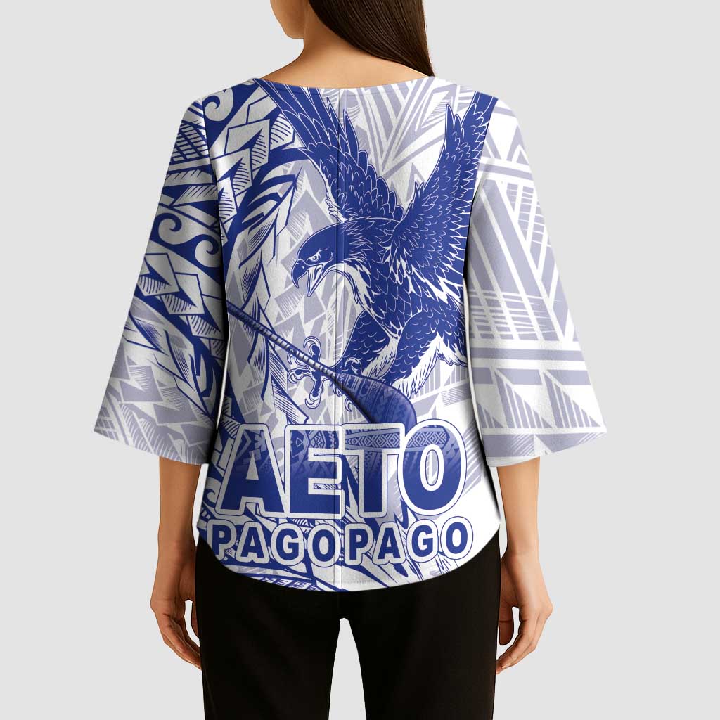 American Samoa Pago Pago Aeto Kimono Sleeve Blouse Wingstyle Blue-White Color LT03 - Polynesian Pride