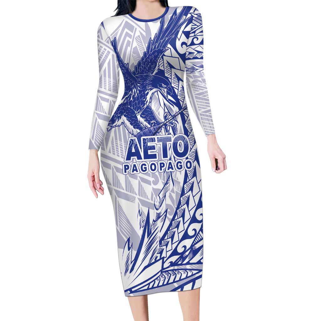 American Samoa Pago Pago Aeto Long Sleeve Bodycon Dress Wingstyle Blue-White Color LT03 Long Dress White - Polynesian Pride