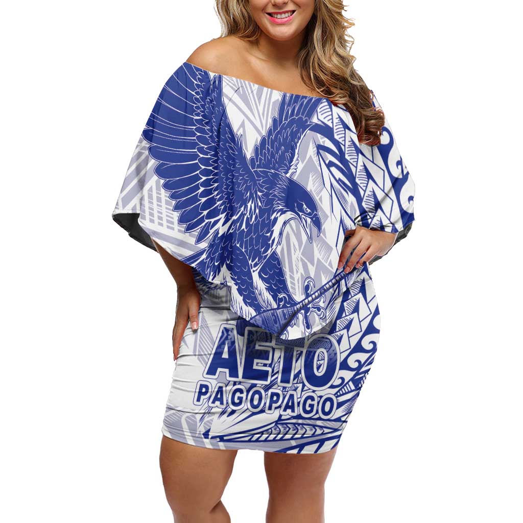 American Samoa Pago Pago Aeto Off Shoulder Short Dress Wingstyle Blue-White Color LT03 Women White - Polynesian Pride